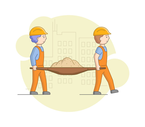 Rakentamisen ja raskaan työn käsite. Työntekijät Miehet suojapuvussa ja kypärät Caryying Sand yhdessä. Rakennustyöläiset töissä. Sarjakuva lineaarinen ääriviivat tasainen tyyli vektori kuvitus - Vektori, kuva
