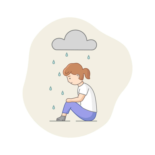 Masennuksen käsite. Naishahmo kärsii masennuksesta. Surullinen nainen istuu sateen alla. Pilvinen sää, tunteiden salailu ja palaminen. Sarjakuva Lineaarinen ääriviivat tasainen vektori kuvitus - Vektori, kuva
