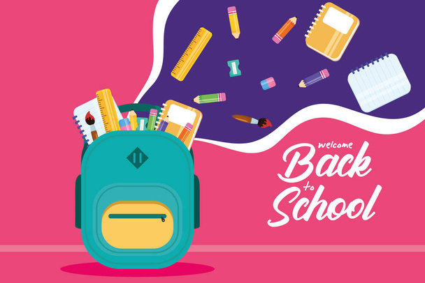 back to school poster with schoolbag and supplies - Vektor, obrázek