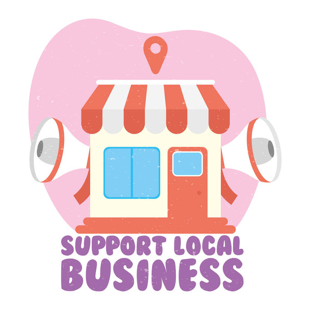 поддержка местной бизнес-кампании с помощью мегафонов и строительство магазинов - Вектор,изображение