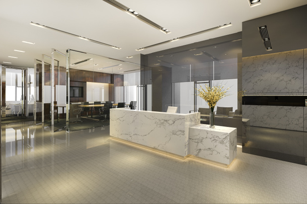 会議室チェア付きのモダンな高級ホテルとオフィスのレセプションとラウンジを3Dレンダリング - 写真・画像