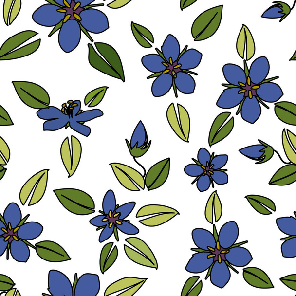 Fiore e foglie di pimpernel blu, cartone animato contorno nero, motivo floreale senza cuciture su sfondo bianco - Vettoriali, immagini