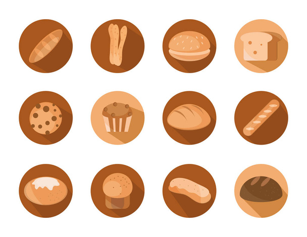 menú de pan panadería bloque de productos alimenticios e iconos planos conjunto
 - Vector, Imagen