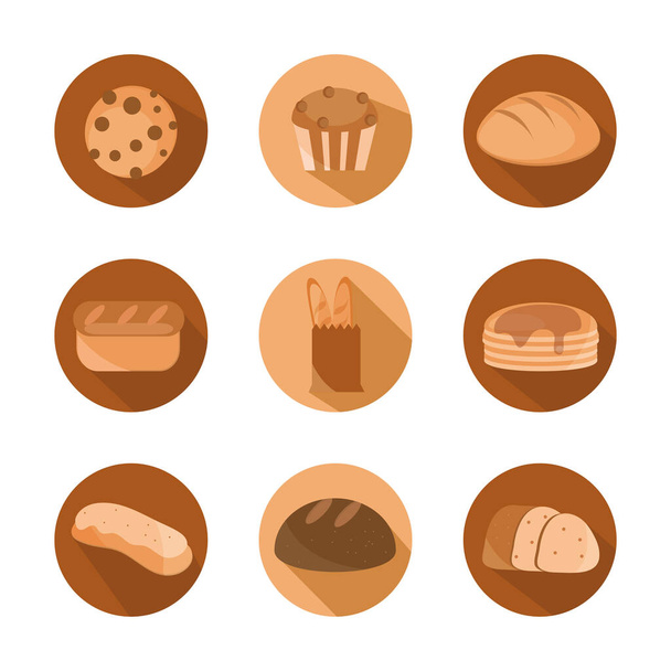 brood menu bakkerij voedsel product blok en platte pictogrammen ingesteld - Vector, afbeelding