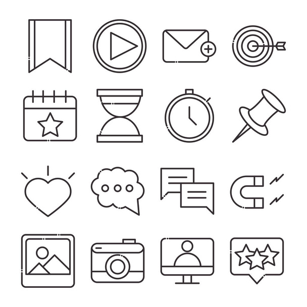 social media digital internet network communicate technology line style icons set - Vector, Image