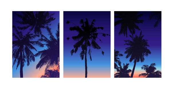 Tropik arka plan A4 kağıt şablonu. Günbatımı poster tasarımı resmi. Vektör palmiye yaprağı - Vektör, Görsel