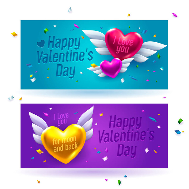 Vector illustration gift cart template. Valentine's day celebrate postcard background with 3d hearts. Romantic valentine heart background party greeting flyer - Vector, Image
