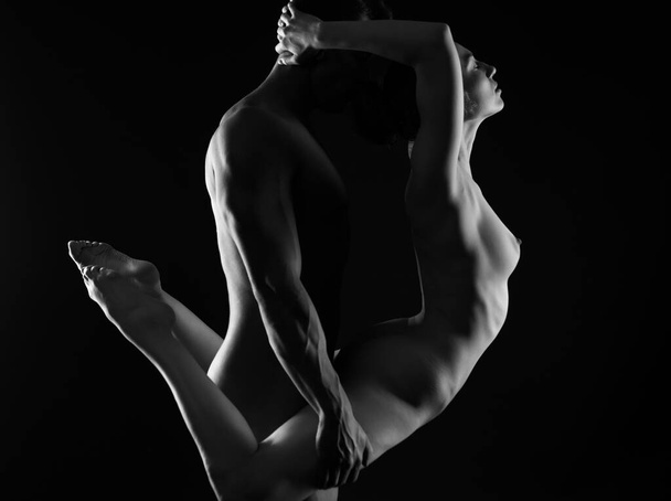 Silhouette of a naked sexy couple. Artistic photo of a young adult man and woman. - Valokuva, kuva
