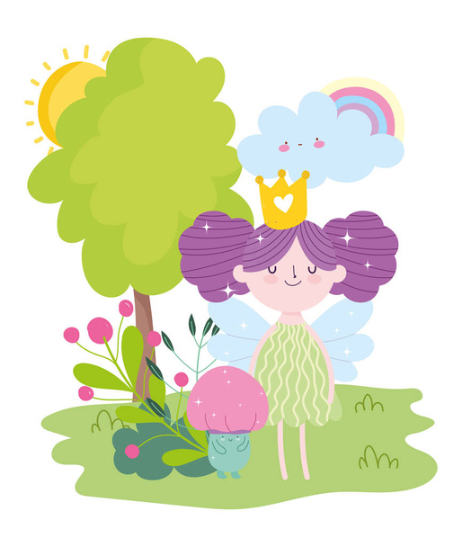 little fairy princess with crown mushroom rainbow tree tale cartoon - Vector, Image