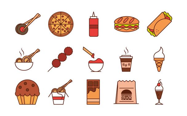 Fast-Food-Abendessen und Speisekarte, leckere Mahlzeiten und ungesunde, Restaurant Mittagessen Symbole setzen Linie und füllen Stil - Vektor, Bild