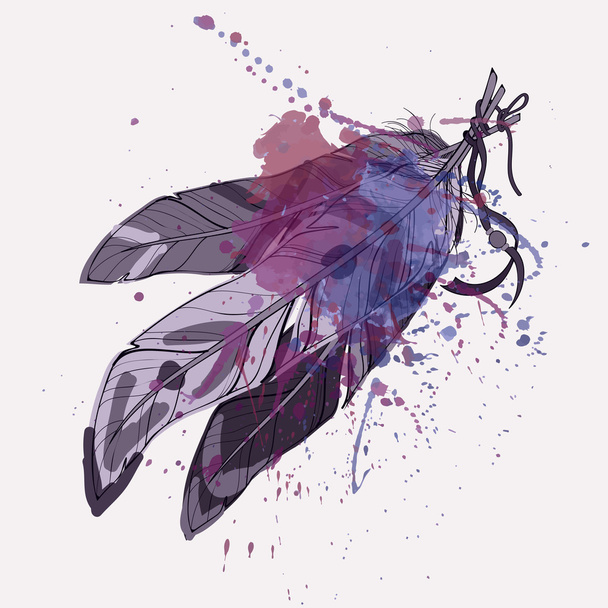 Vector illustration of decorative feathers with watercolor splash - Vector, Image
