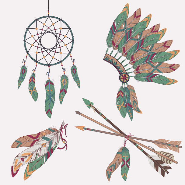 Vector ethnic set: dream catcher, feathers, arrows, headdress - Vector, Image