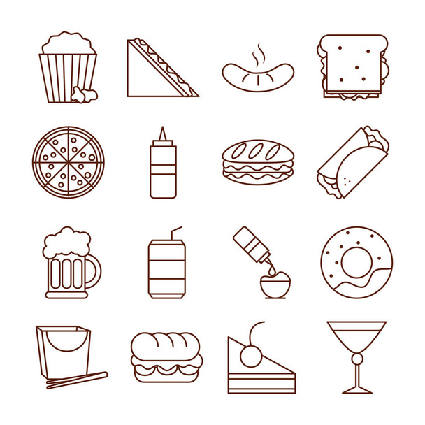fast food dinner and menu, tasty meal and unhealthy, restaurant lunch icons set line and fill style - Vector, Image