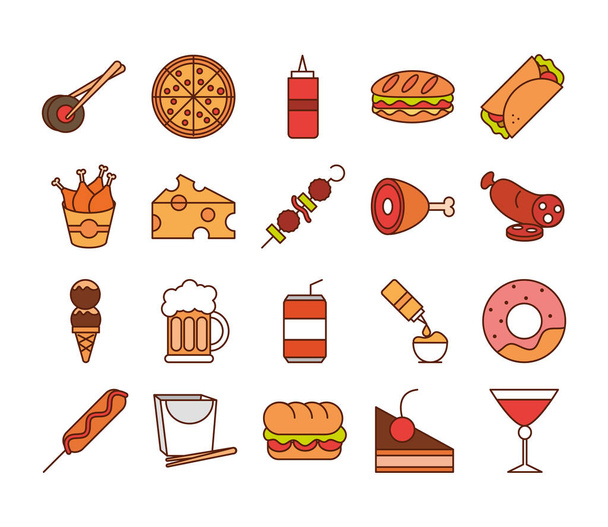 fastfood diner en menu, smakelijke maaltijd en ongezond, restaurant lunch pictogrammen lijn en vul stijl - Vector, afbeelding