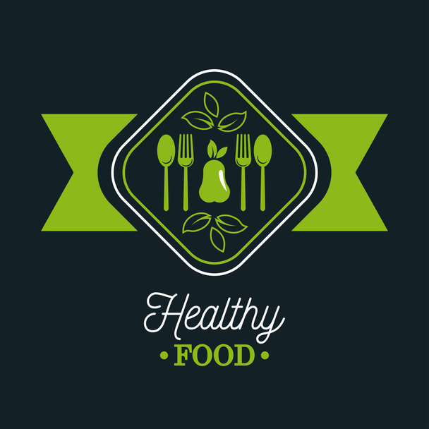 πριμοδότηση και υγιεινά τρόφιμα αφίσα με αχλάδι και μαχαιροπίρουνα - Διάνυσμα, εικόνα