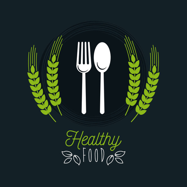 πριμοδότηση και υγιεινά τρόφιμα αφίσα με στεφάνι φύλλα και μαχαιροπήρουνα - Διάνυσμα, εικόνα
