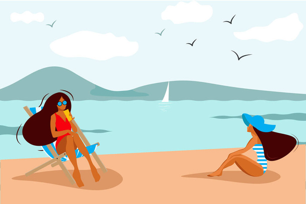 Beautiful elegant girls are resting on a deck chair on the beach. A poster with a summer girl resting on a deck chair with a cocktail in hand. Template for an advertising banner, perspective view. - Vector, Image