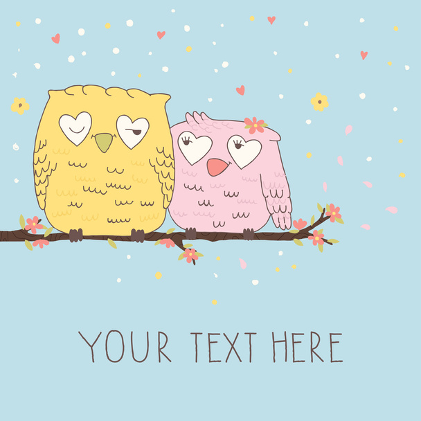 Greeting card with cute owls in love - Vektor, Bild