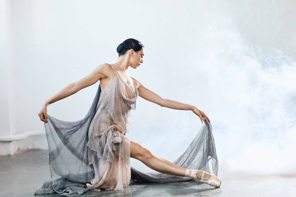 Graceful ballet dancer in grey scenic suit performing on pointes on grey studio - Photo, image
