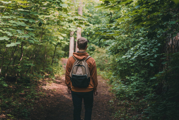 A young blond man with a backpack walks in the woods on a path, a photo from the back - Fotografie, Obrázek
