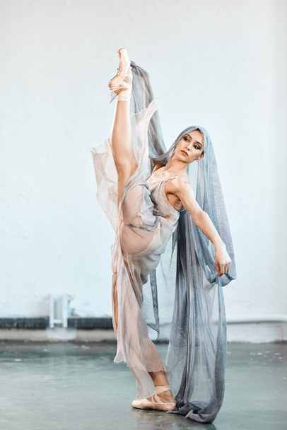Ballerina dressed in scenic dress, is dancing in the studio. Body ballet and Art - Φωτογραφία, εικόνα