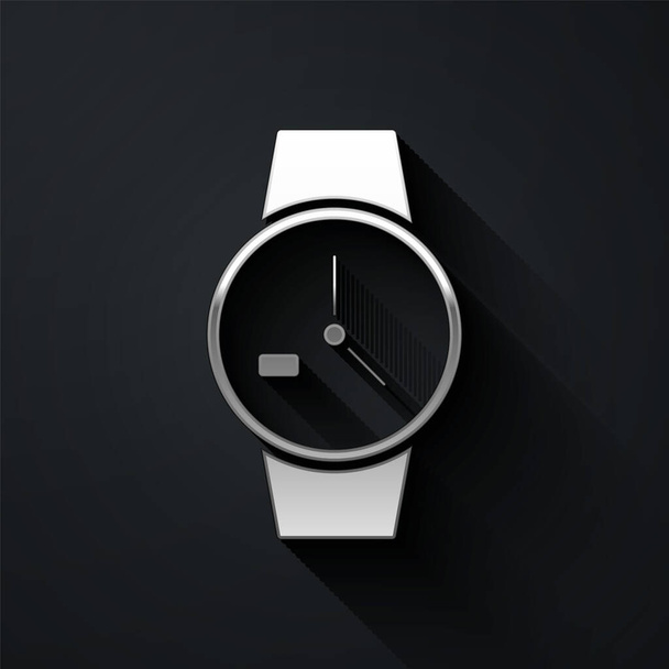 Silber Armbanduhr Symbol isoliert auf schwarzem Hintergrund. Armbanduhr-Symbol. Langer Schatten. Vektorillustration. - Vektor, Bild