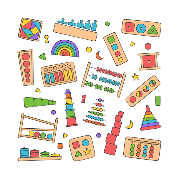 Ručně kreslené dětské hračky pro hry Montessori. Vzdělávání logické hračky pro předškolní děti. - Vektor, obrázek