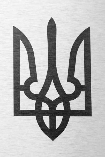 tridente l'emblema nazionale dell'Ucraina sulla superficie, monocromatico, immagine verticale - Foto, immagini