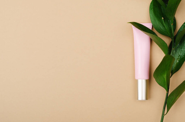 Cosmetology tube with green twig on beige background. Eye cream, foundation, concealer in pink tube with shiny cap. Decorative fresh foliage twig with dew drops on minimalist nude backdrop. - Photo, Image