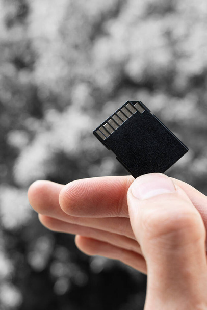 mano y dedo mantenga la tarjeta de memoria SD en un backgorund gris. mano sostiene una tarjeta flash de memoria negra, imagen vertical
 - Foto, Imagen