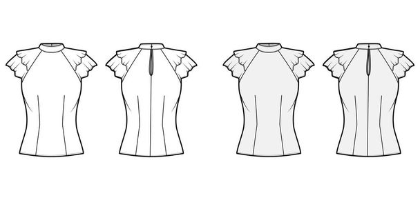 Blusa técnica moda ilustração conjunto com gola de decote de alta faixa, babados fluttery mangas curtas, corpo equipado
 - Vetor, Imagem