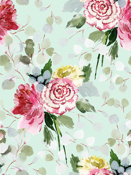 Seamless summer pattern with watercolor flowers handmade. - Zdjęcie, obraz