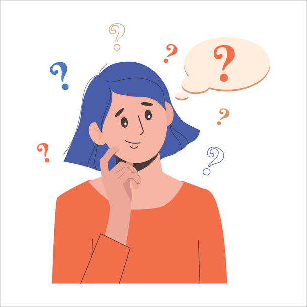 Portrait of young troubled woman. Girl with question mark in think bubble. People thinking or solving problem. Dilemma vector flat cartoon concept illustration. - Vector, Image