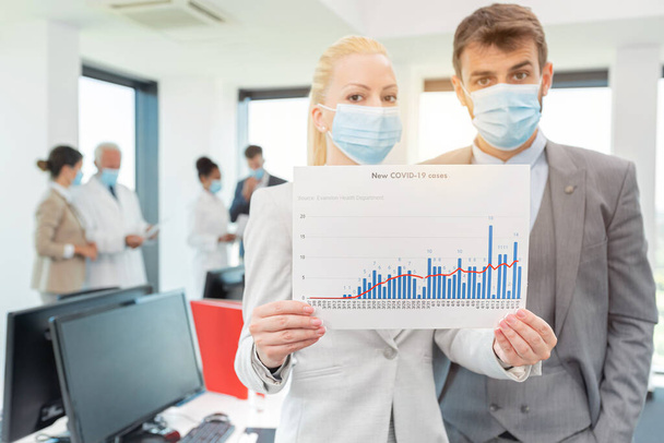 Group of people with coronavirus statistics discuss in the office - 写真・画像