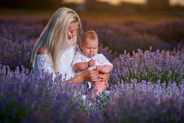 Young mother playing with her son in a lavender field at sunset - Foto, Bild
