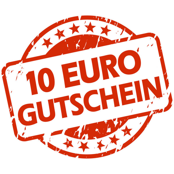 EPS 10 вектор с круглым красным цветом гранж штамп с баннером и текст 10 евро ваучер (на немецком языке
) - Вектор,изображение