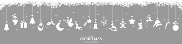 verschiedene abstrakte Hängesymbole weiß gefärbt für Weihnachts- und Winterzeitkonzepte, Schneeflocken auf der Oberseite und Weihnachts- und Neujahrsgruß - Vektor, Bild