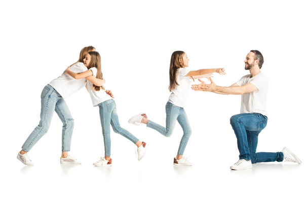 collage of daughter hugging mother and father isolated on white - Φωτογραφία, εικόνα