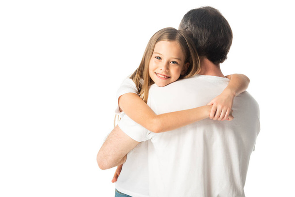 feliz hija abrazando padre aislado en blanco
 - Foto, Imagen