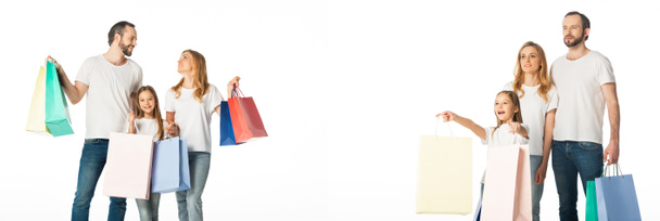 collage de familia alegre con coloridas bolsas de compras aisladas en blanco
 - Foto, Imagen