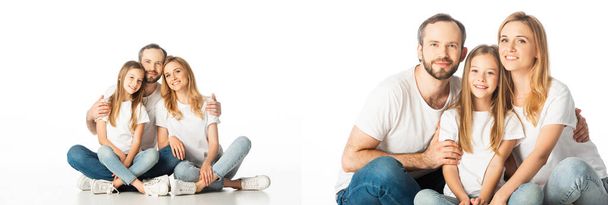 collage of happy family sitting on floor with crossed legs and embracing isolated on white, panoramic shot - Photo, Image
