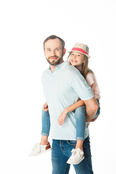 happy father piggybacking daughter isolated on white - Fotó, kép