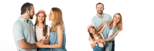 collage of happy smiling family hugging isolated on white, panoramic shot - Fotó, kép