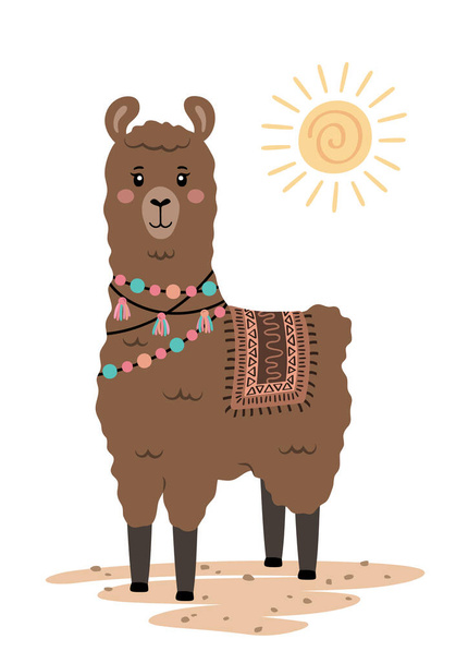 Cute llama with ethnic design elements. Poster for baby room. Childish print for nursery. Design can be used for fashion t-shirt, greeting card, baby shower. Vector illustration. - Vektor, Bild