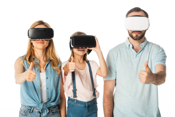 smiling family in vr headsets showing thumbs up isolated on white - Foto, Bild
