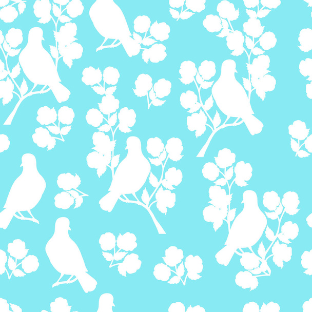 Vector seamless pattern with white bird silhouettes on a flowering branch on a blue background, for packaging design, covers, wallpaper, print on textiles - Vektor, obrázek