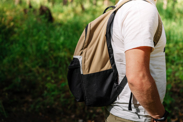 Banner for sports entertainment in the forest, tourism in the forest, backpack on a man against the background of forest greenery, tourist active lifestyle - Foto, Imagen