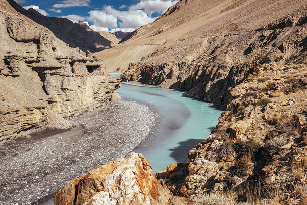 Rocky river bank in Himalaya mountain - Photo, Image