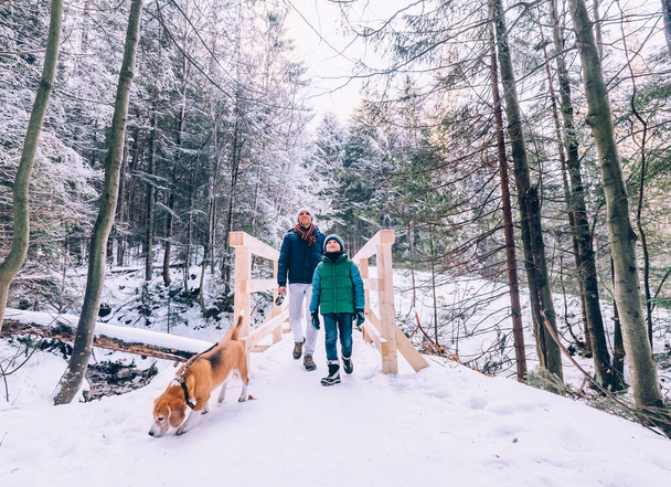 Father and son walk with dog in snow forest - Foto, Imagem