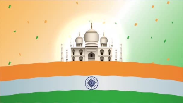 Dzień Niepodległości Indii z Taj Mahal i flagą - Materiał filmowy, wideo